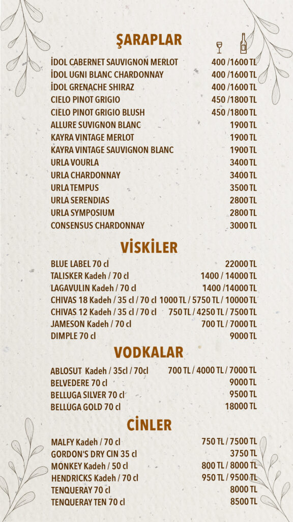 İçecekler Menü Türkçe