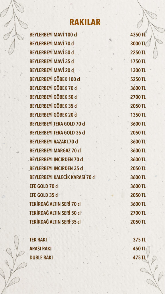 İçecekler Menü Türkçe