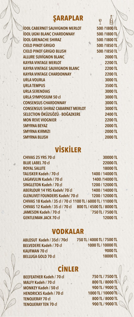 İçecekler Menü Türkçe