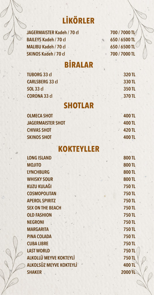 İçecekler Menü Türkçe