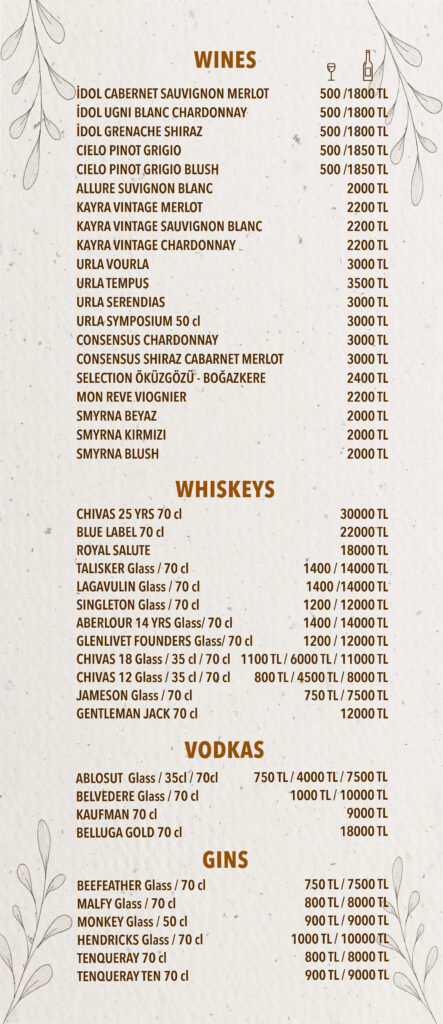 İçecekler Menü İngilizce