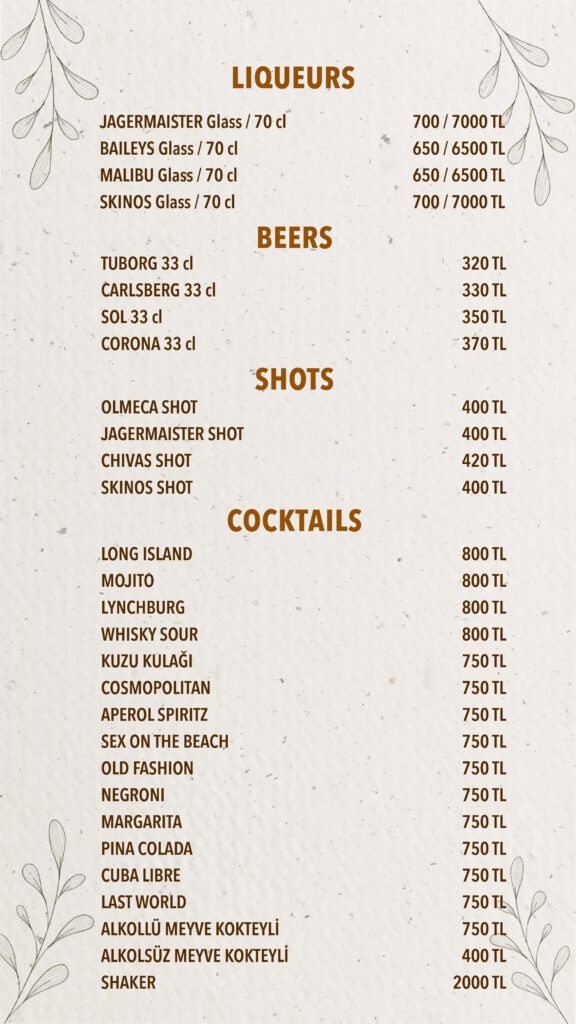 İçecekler Menü İngilizce