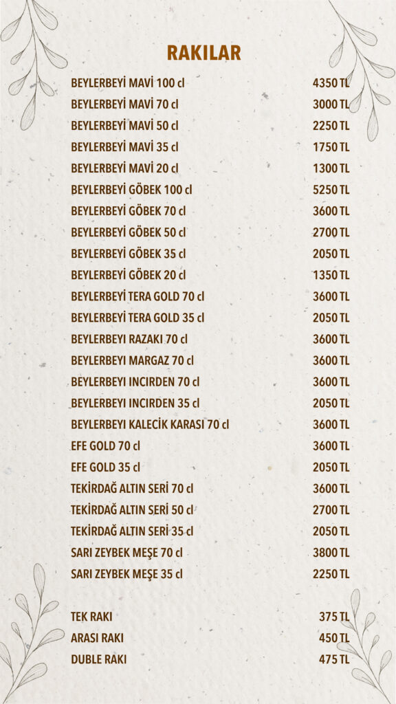 İçecekler Menü Türkçe