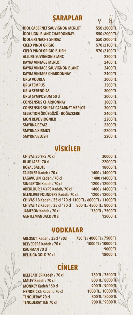 İçecekler Menü Türkçe