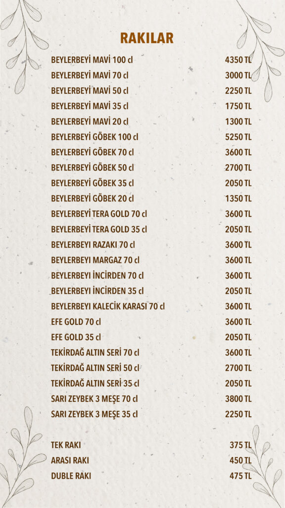 İçecekler Menü Türkçe