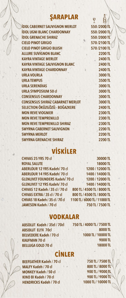 İçecekler Menü Türkçe