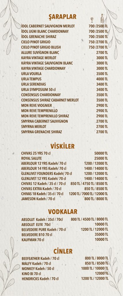 İçecekler Menü Türkçe